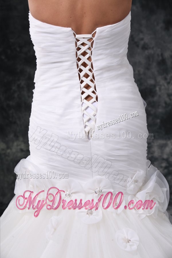 Mermaid Strapless Ruching Lace Up Tulle White Wedding Dress