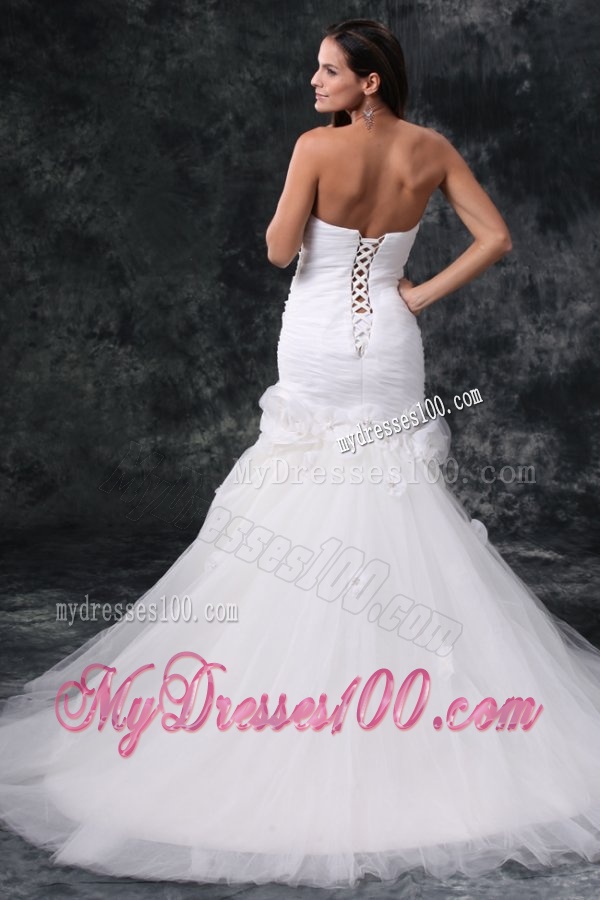 Mermaid Strapless Ruching Lace Up Tulle White Wedding Dress