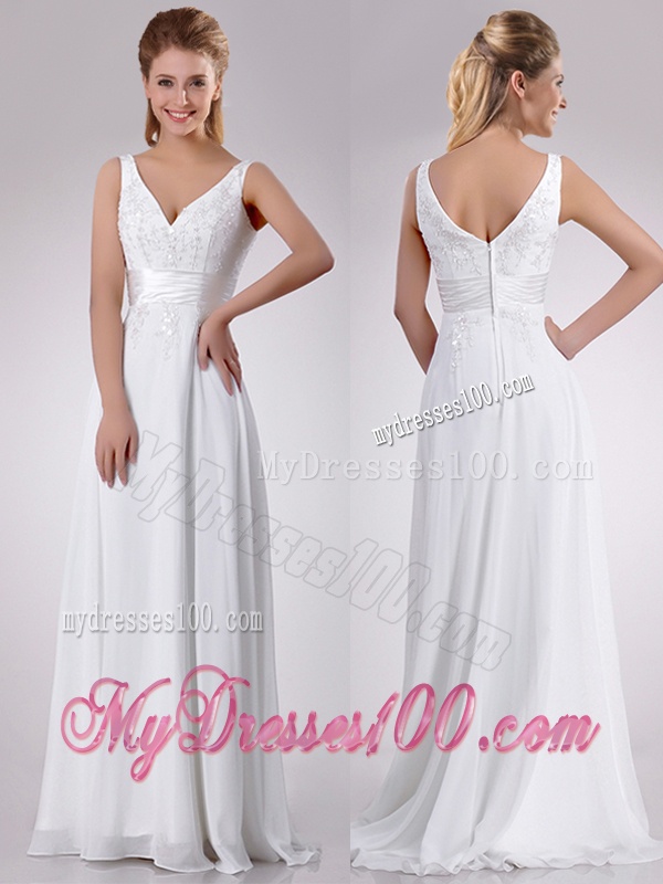 Most Popular Empire V Neck Chiffon Beaded Wedding Dress with Sweep Train