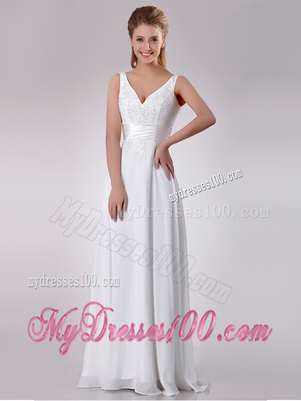 Most Popular Empire V Neck Chiffon Beaded Wedding Dress with Sweep Train