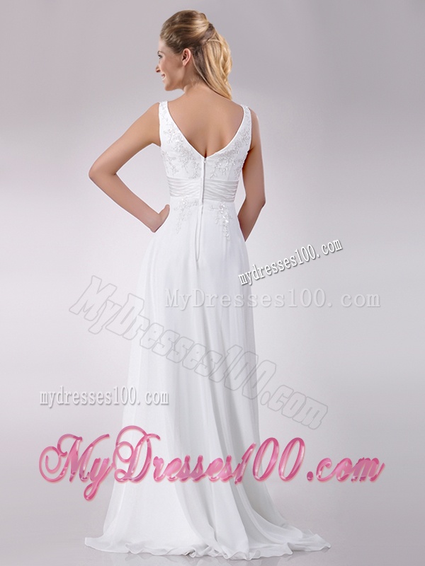 Most Popular Empire V Neck Chiffon Beaded Wedding Dress with Sweep Train