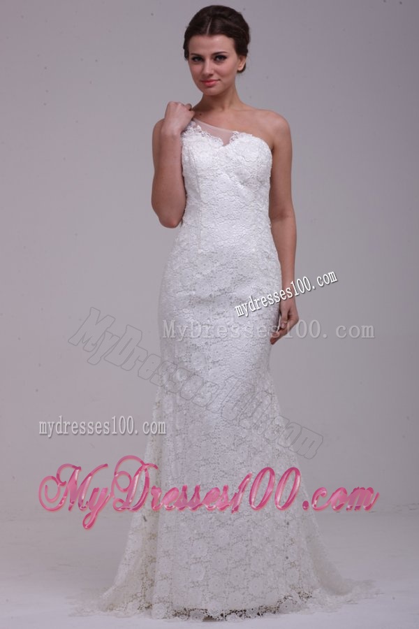 One Shoulder Column Lace Organza Brush Train Wedding Dress