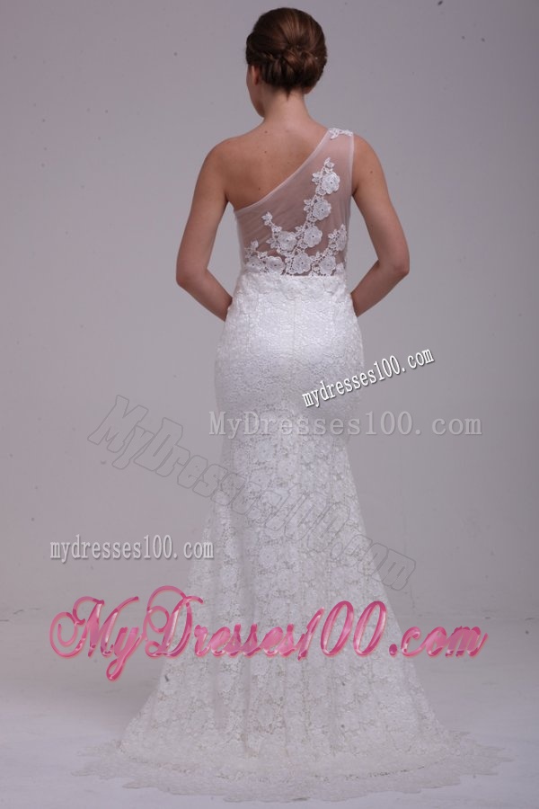 One Shoulder Column Lace Organza Brush Train Wedding Dress