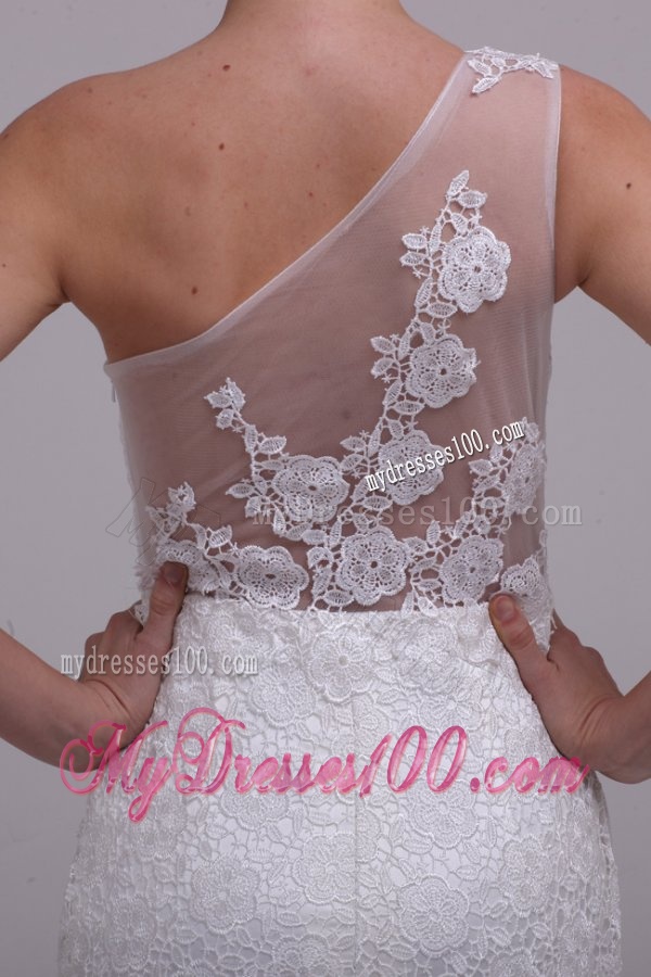 One Shoulder Column Lace Organza Brush Train Wedding Dress