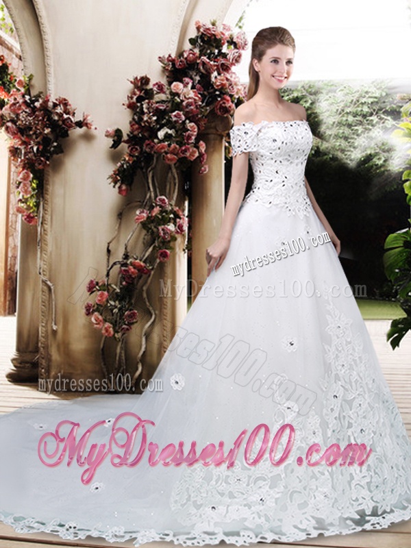 Perfect Off the Shoulder Appliques Wedding Dresses with Cap Sleeves