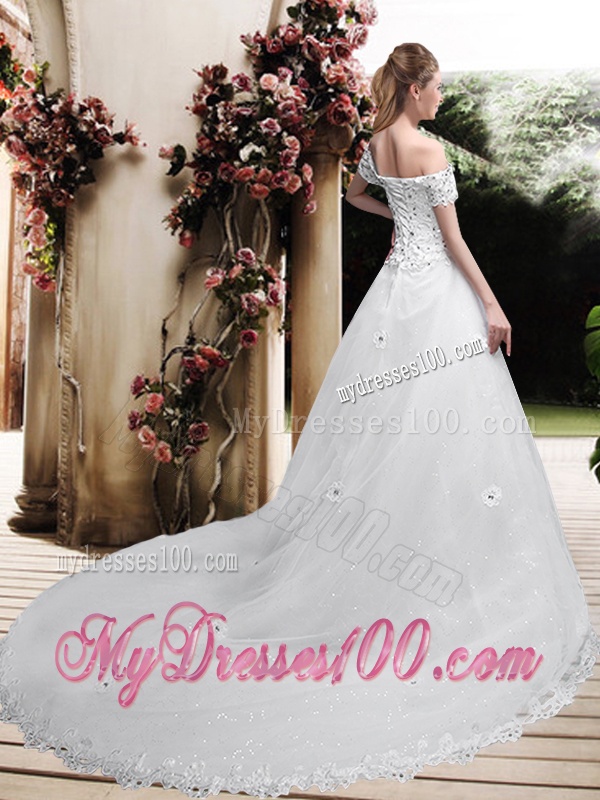 Perfect Off the Shoulder Appliques Wedding Dresses with Cap Sleeves
