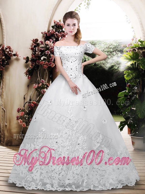 Perfect Off the Shoulder Appliques Wedding Dresses with Cap Sleeves