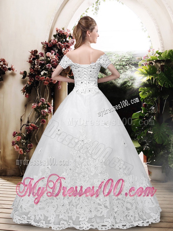 Perfect Off the Shoulder Appliques Wedding Dresses with Cap Sleeves