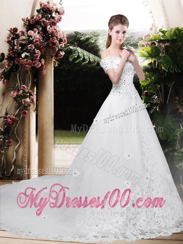 Perfect Off the Shoulder Appliques Wedding Dresses with Cap Sleeves