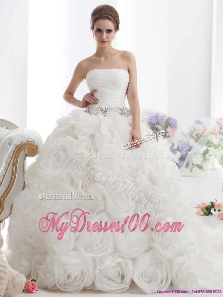 Popular White Strapless Wedding Dresses with Rolling Flowers and Chapel Train