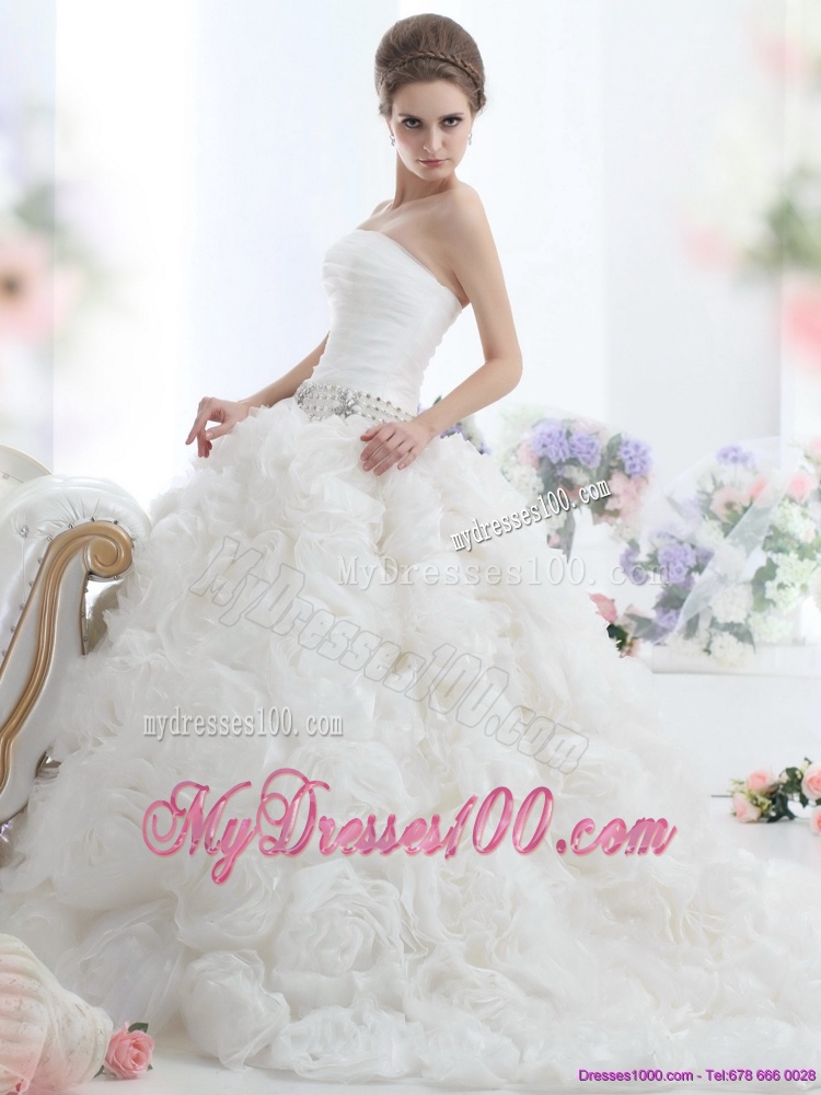 Popular White Strapless Wedding Dresses with Rolling Flowers and Chapel Train