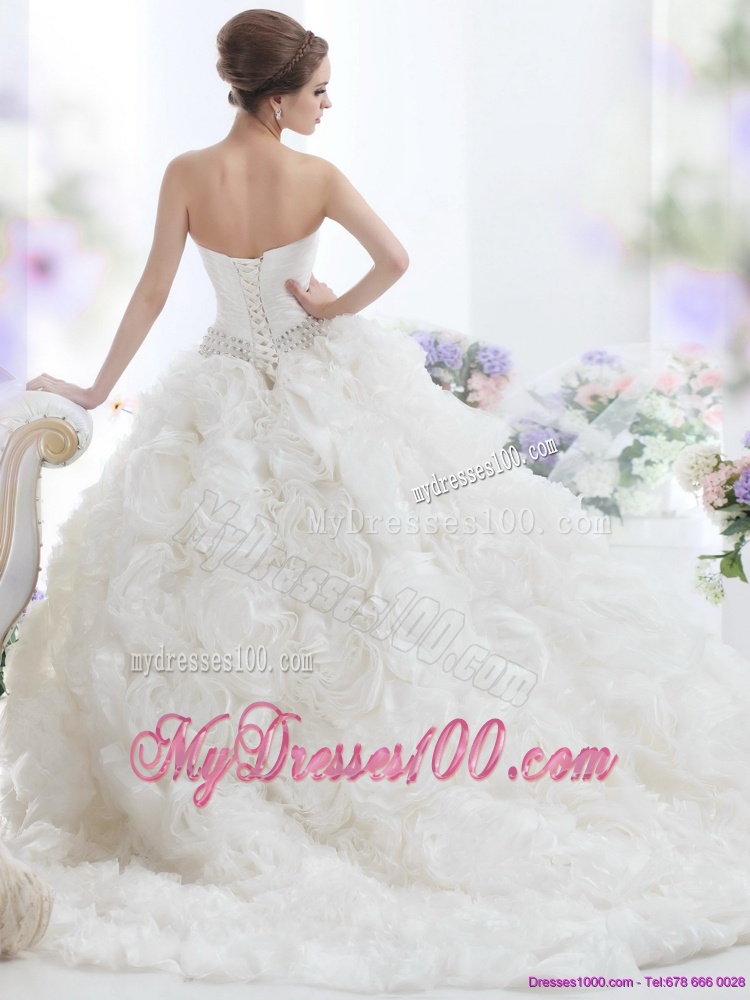 Popular White Strapless Wedding Dresses with Rolling Flowers and Chapel Train