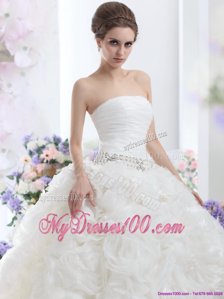 Popular White Strapless Wedding Dresses with Rolling Flowers and Chapel Train