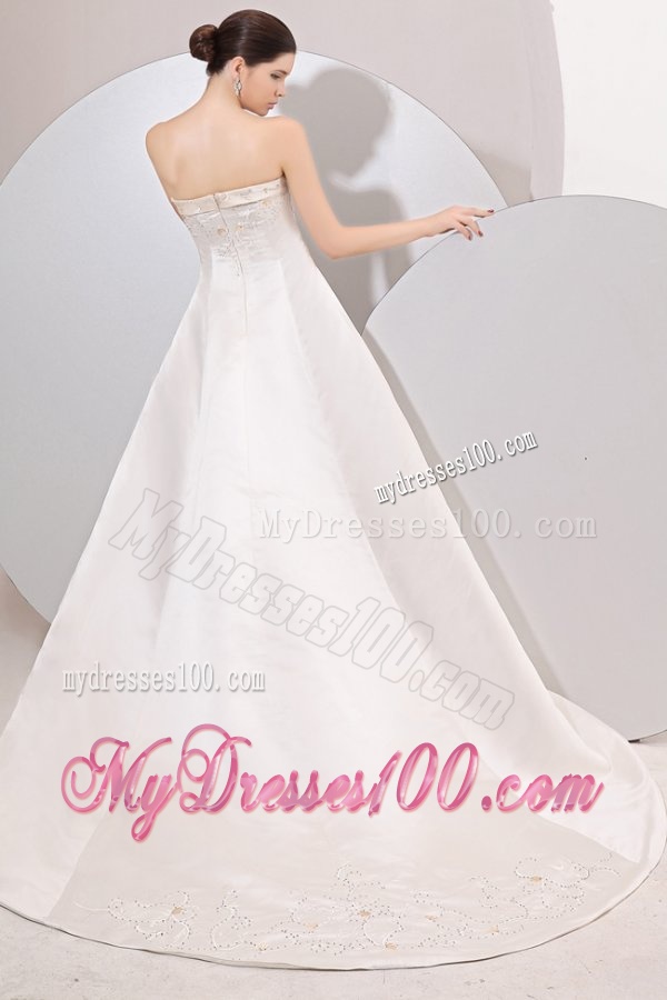 Princess Strapless Court Train Satin Champagne Wedding Dress with Embroidery