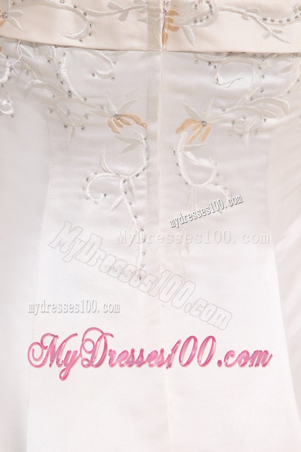 Princess Strapless Court Train Satin Champagne Wedding Dress with Embroidery