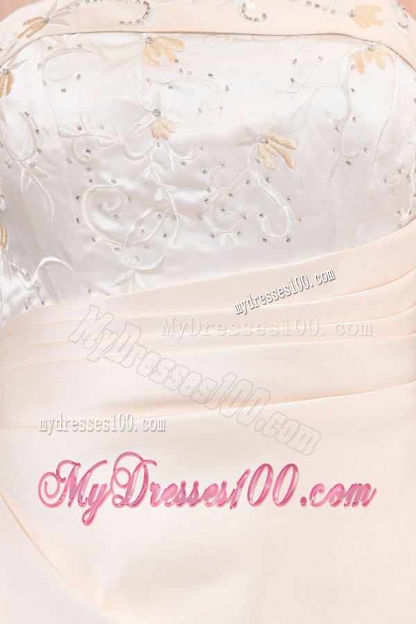 Princess Strapless Court Train Satin Champagne Wedding Dress with Embroidery