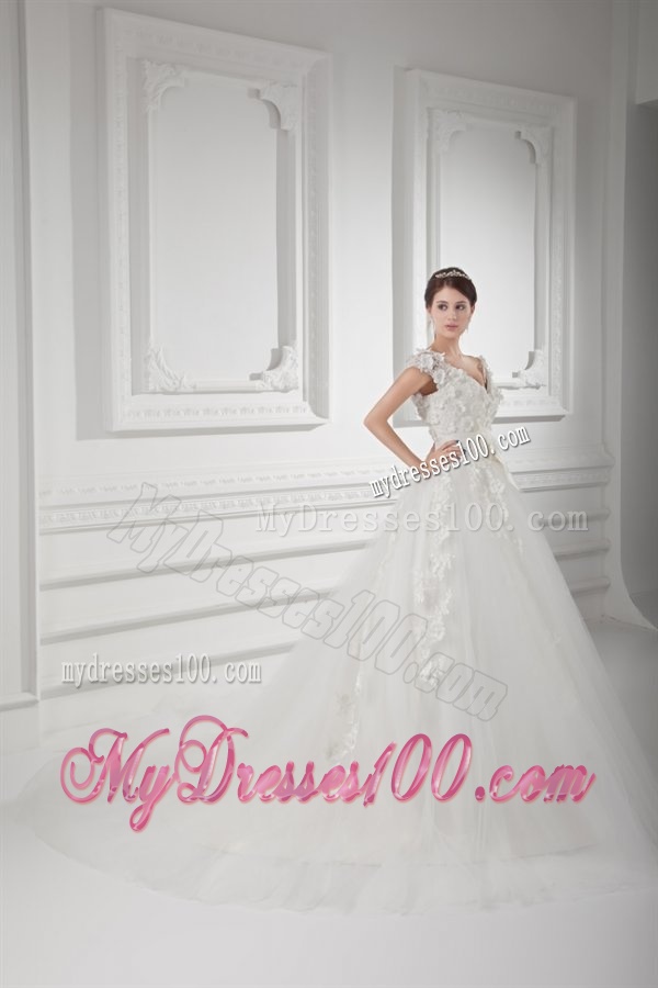 Romantic A-line V-neck Wedding Dress with Appliques and Embroidery