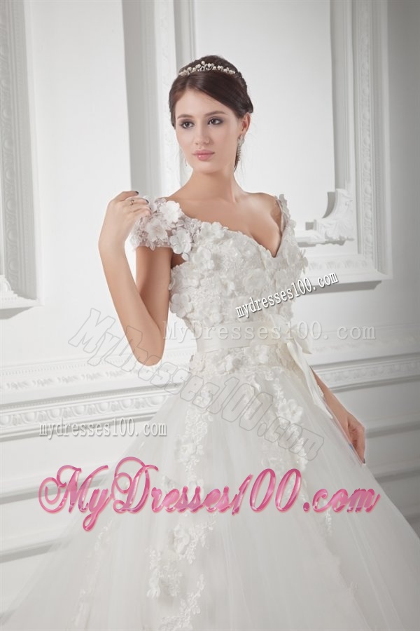 Romantic A-line V-neck Wedding Dress with Appliques and Embroidery