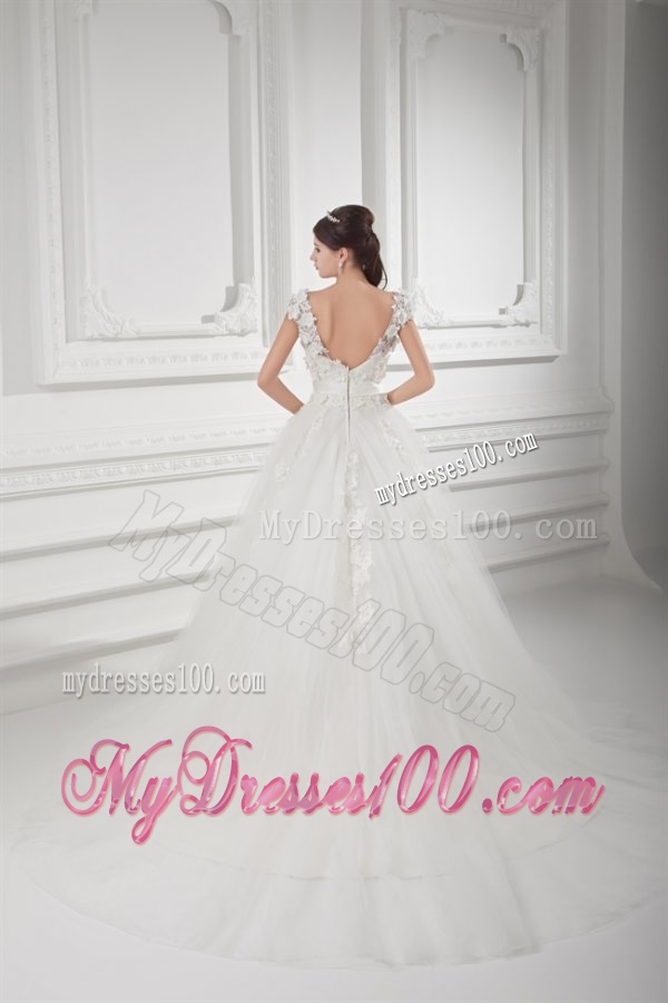 Romantic A-line V-neck Wedding Dress with Appliques and Embroidery