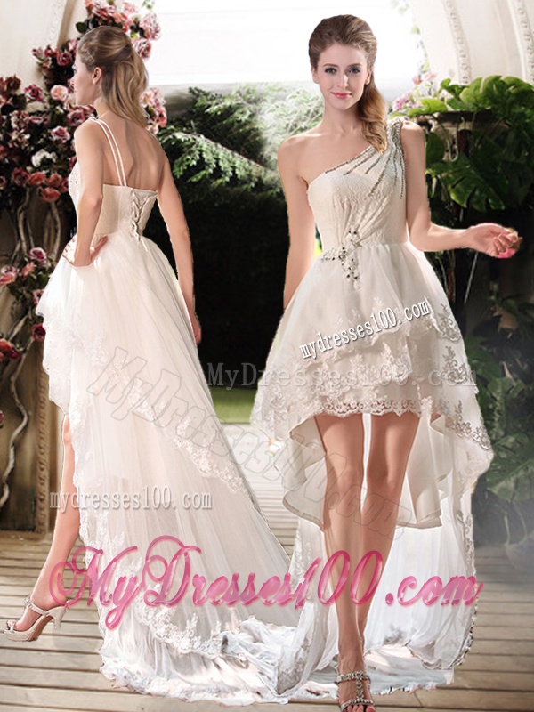 Simple One Shoulder High Low Wedding Dresses with Beading and Appliques