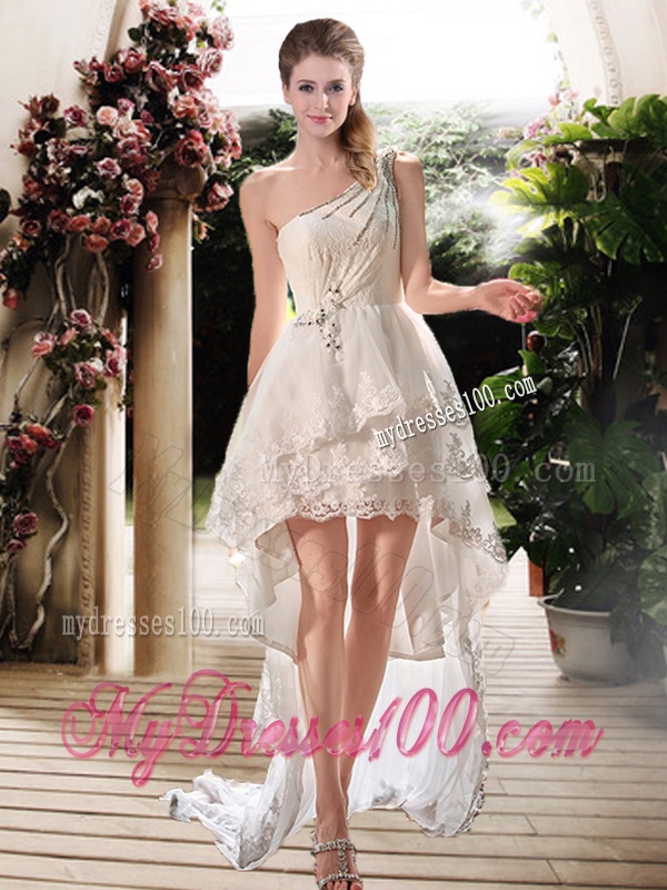 Simple One Shoulder High Low Wedding Dresses with Beading and Appliques