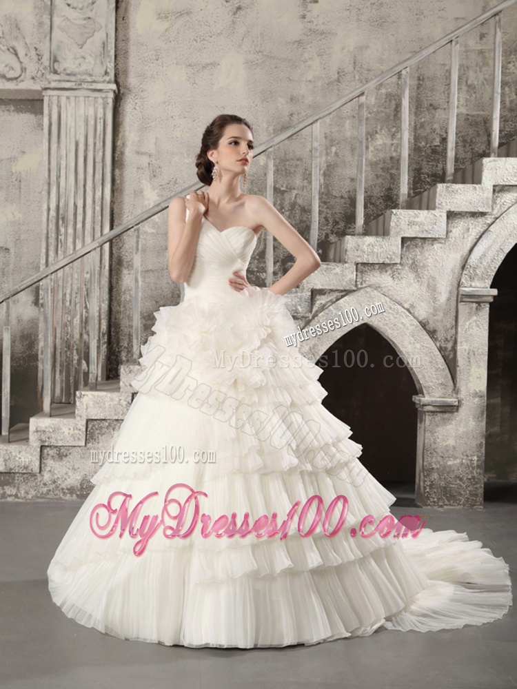 White One Shoulder Chapel Train Wedding Dresses with Ruffled Layers