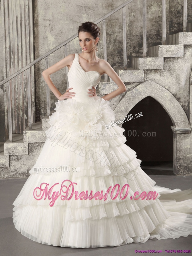 White One Shoulder Chapel Train Wedding Dresses with Ruffled Layers