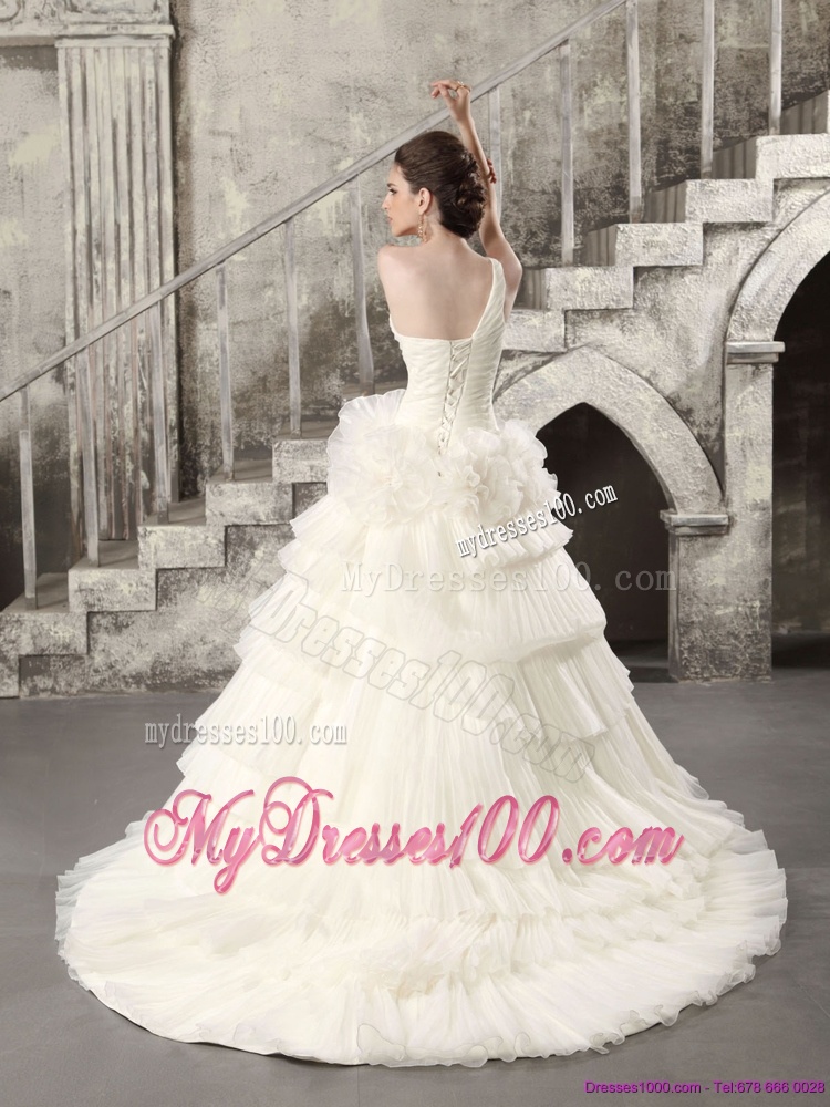 White One Shoulder Chapel Train Wedding Dresses with Ruffled Layers