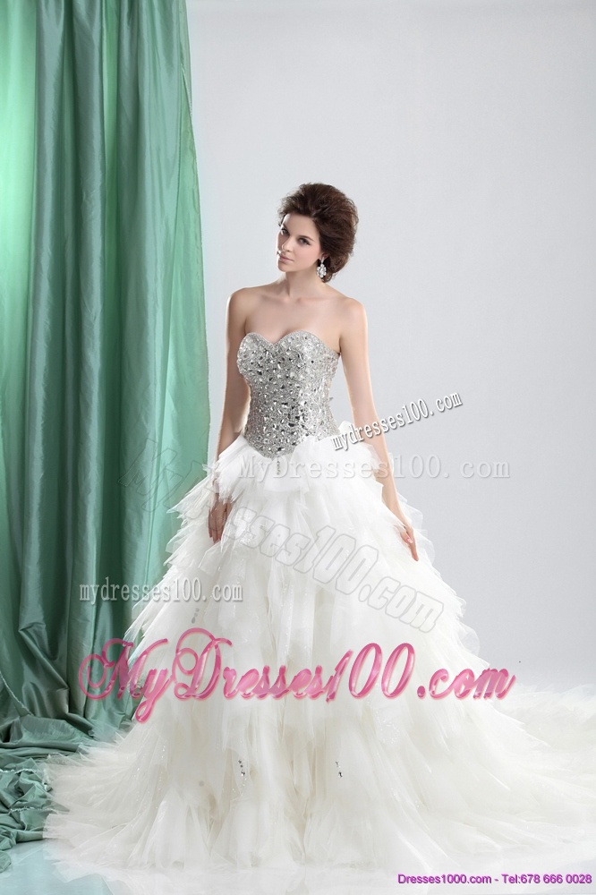 White Sweetheart Rhinestones Wedding Dresses with Chapel Train and Ruffles