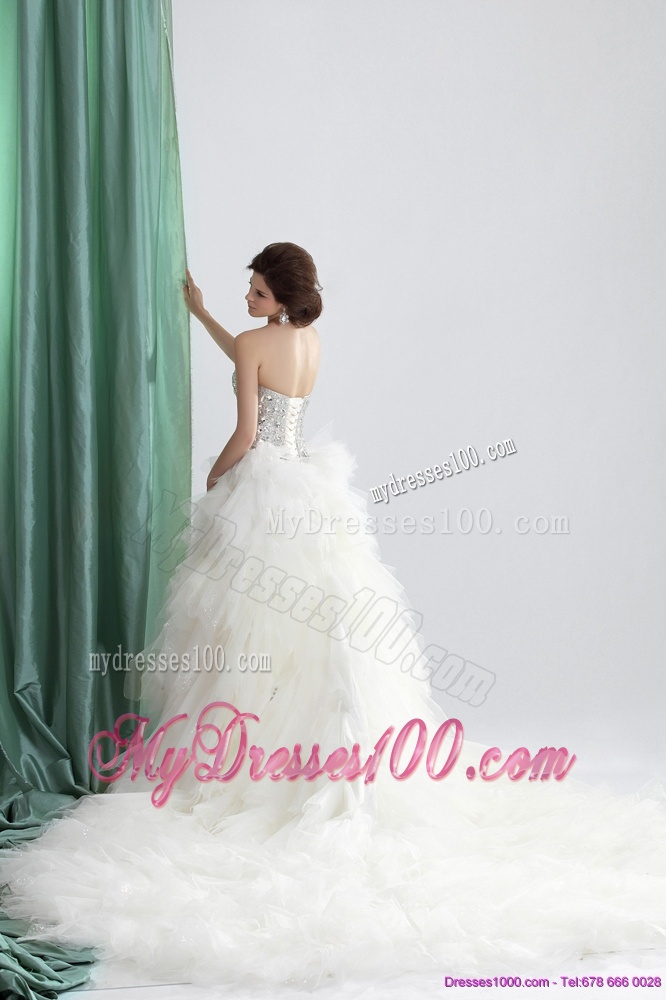 White Sweetheart Rhinestones Wedding Dresses with Chapel Train and Ruffles