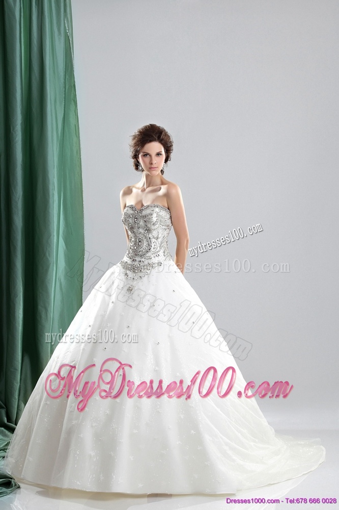 White Sweetheart Rhinestones Wedding Dresses with Chapel Train and Ruffles