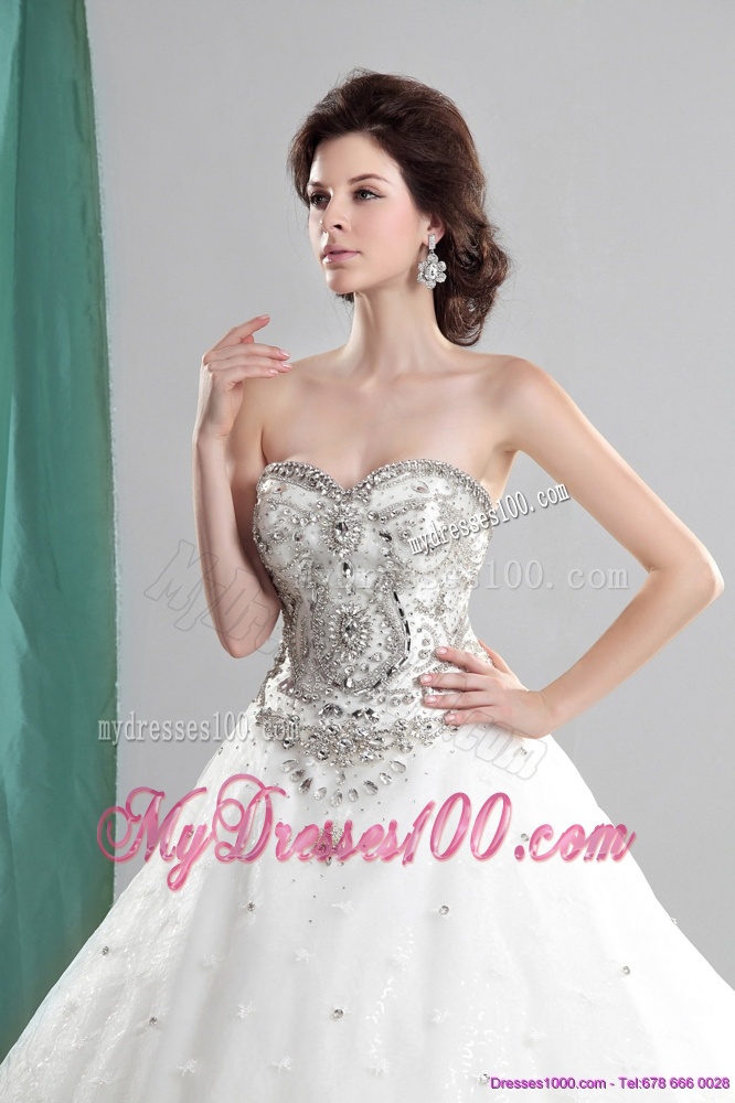 White Sweetheart Rhinestones Wedding Dresses with Chapel Train and Ruffles