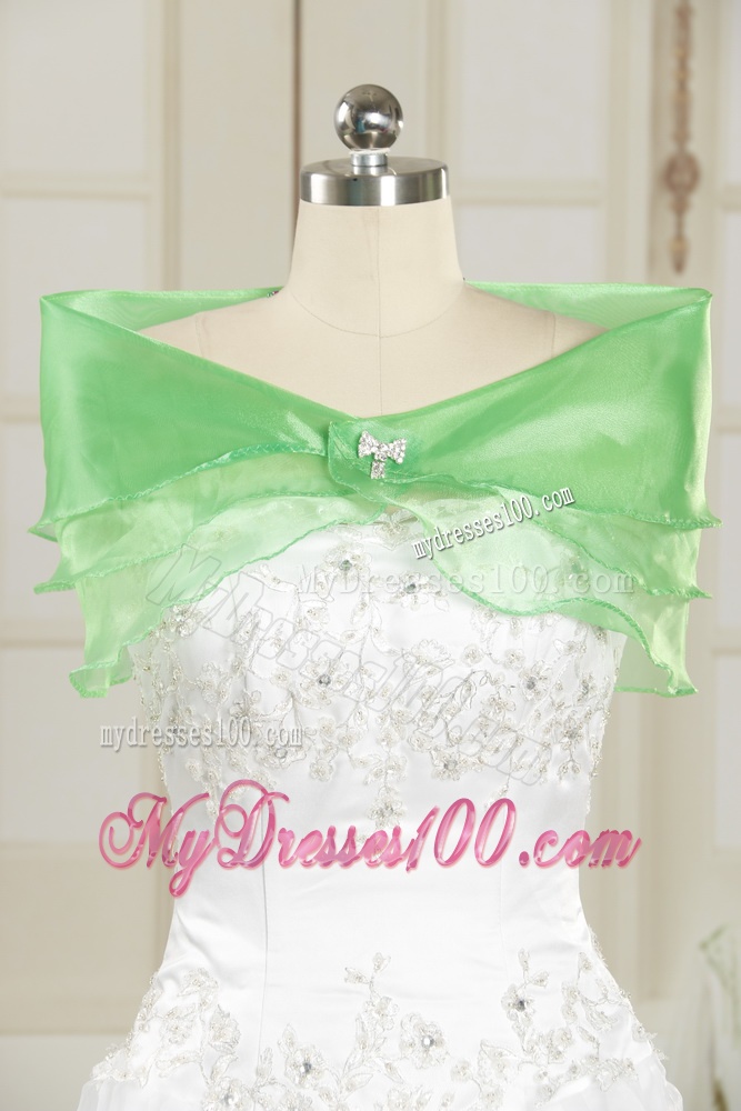 White Sweetheart Rhinestones Wedding Dresses with Chapel Train and Ruffles