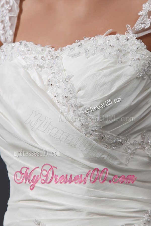 Wide Straps A-line Appliques and Flowers Taffeta Wedding Dress