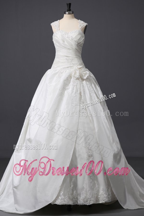 Wide Straps A-line Appliques and Flowers Taffeta Wedding Dress