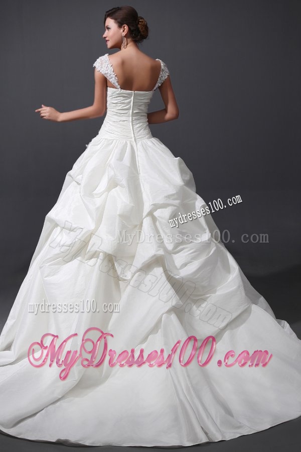 Wide Straps A-line Appliques and Flowers Taffeta Wedding Dress