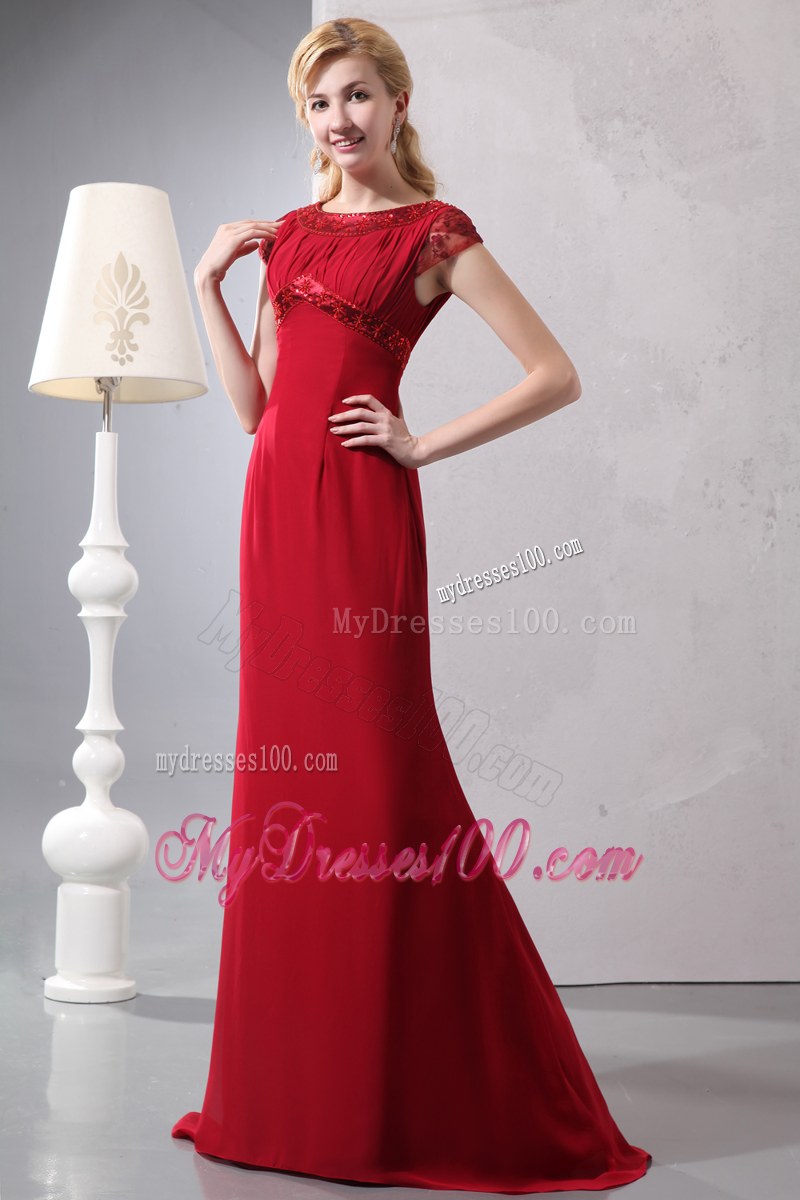 Modest Wine Red Column Wedding Guest Dress Scoop Brush Train Beading Ruched Brush Train