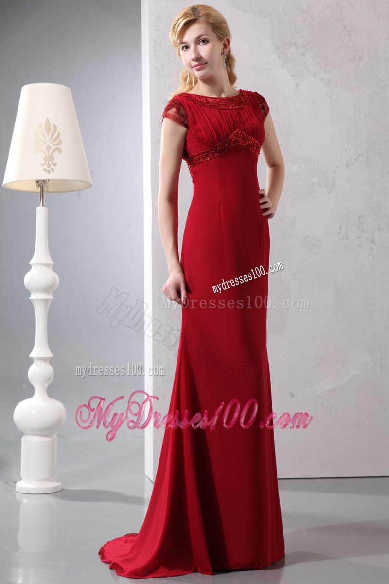 Modest Wine Red Column Wedding Guest Dress Scoop Brush Train Beading Ruched Brush Train