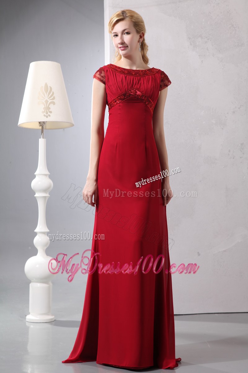 Modest Wine Red Column Wedding Guest Dress Scoop Brush Train Beading Ruched Brush Train