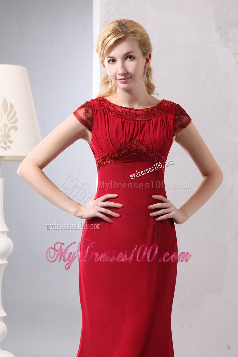 Modest Wine Red Column Wedding Guest Dress Scoop Brush Train Beading Ruched Brush Train