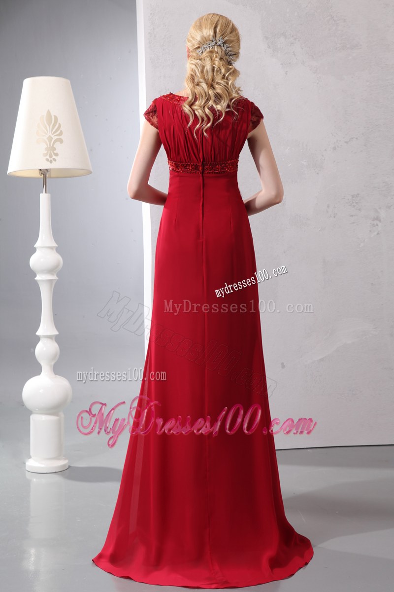 Modest Wine Red Column Wedding Guest Dress Scoop Brush Train Beading Ruched Brush Train