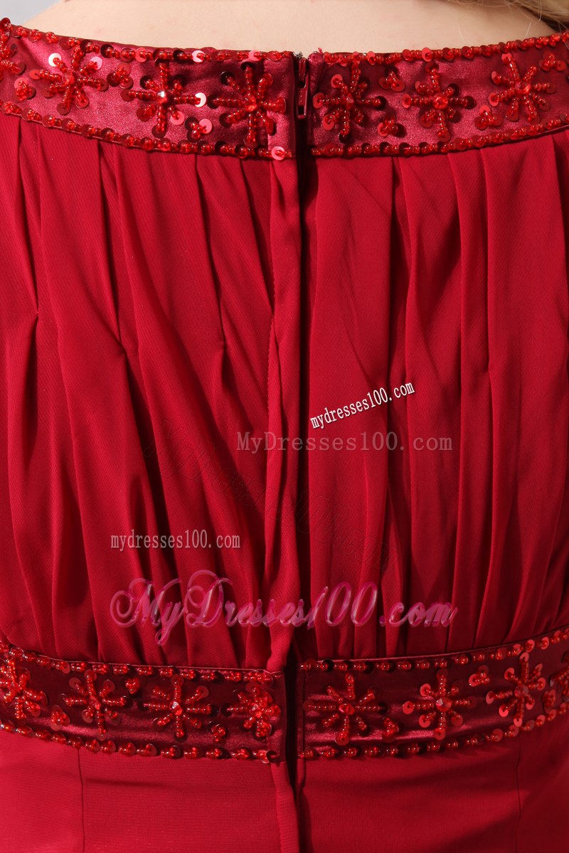 Modest Wine Red Column Wedding Guest Dress Scoop Brush Train Beading Ruched Brush Train
