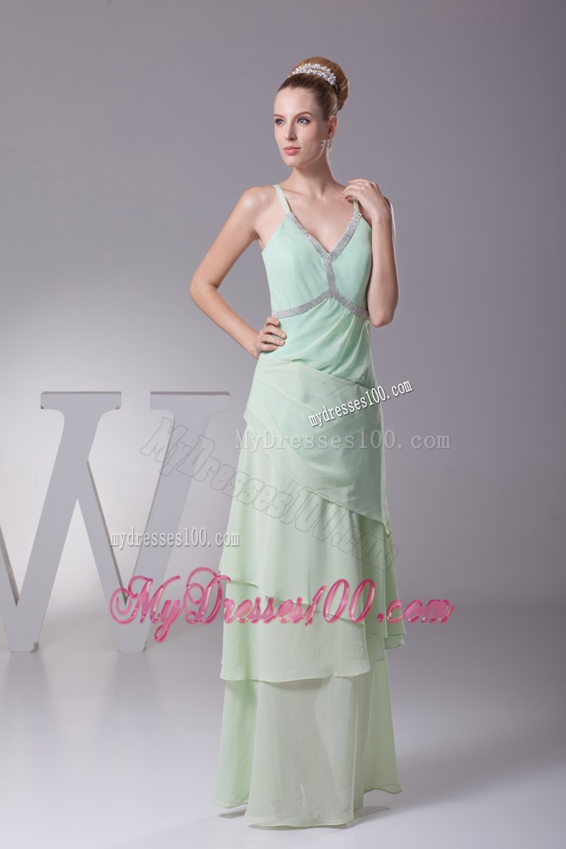 Sexy Spaghetti Straps Apple Green Beading V-neck Column Long Wedding Guest Dresses