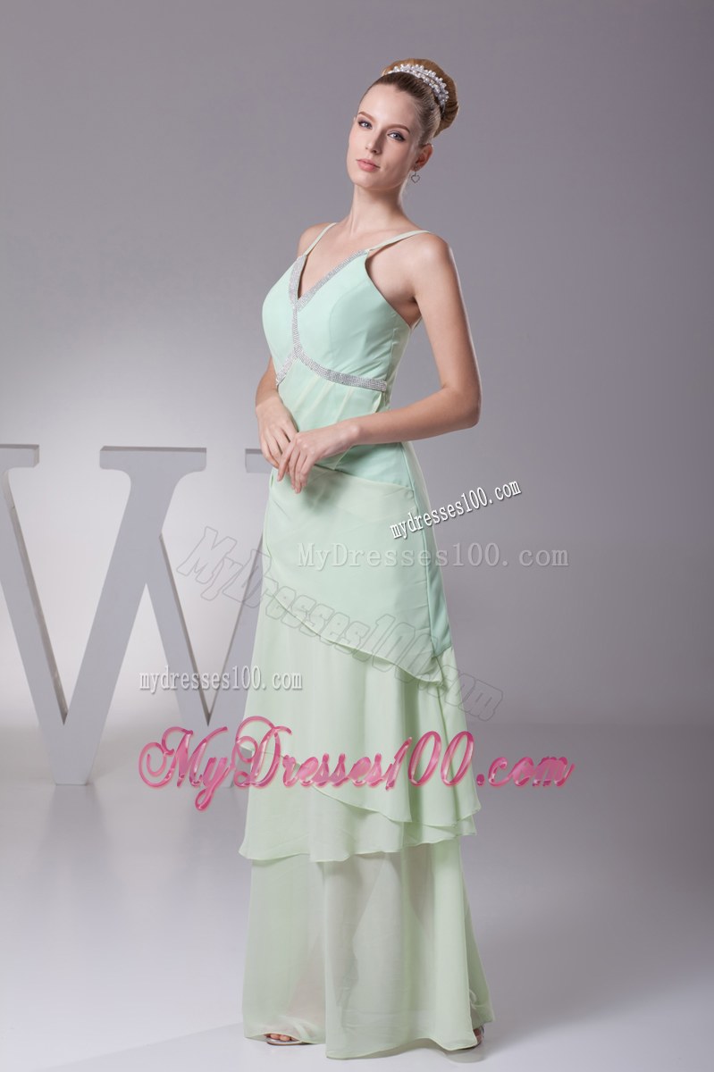 Sexy Spaghetti Straps Apple Green Beading V-neck Column Long Wedding Guest Dresses