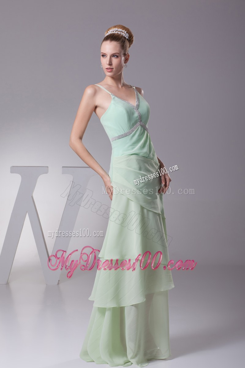 Sexy Spaghetti Straps Apple Green Beading V-neck Column Long Wedding Guest Dresses