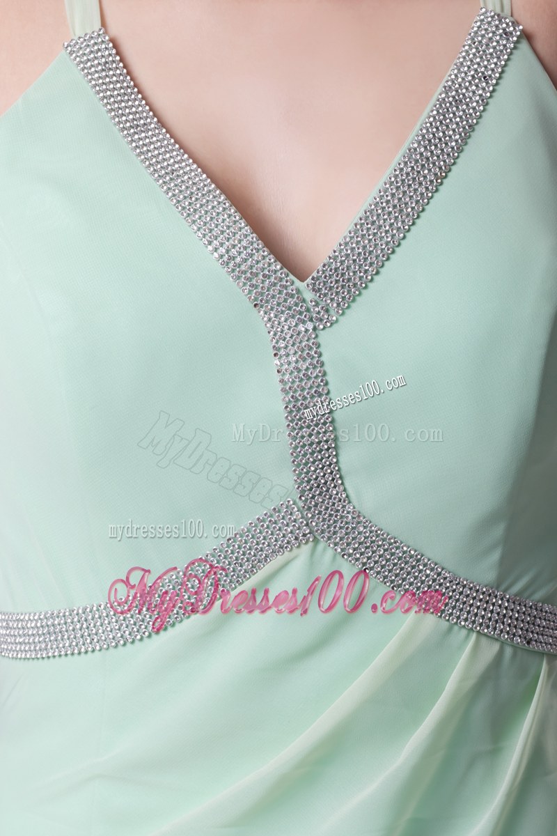 Sexy Spaghetti Straps Apple Green Beading V-neck Column Long Wedding Guest Dresses