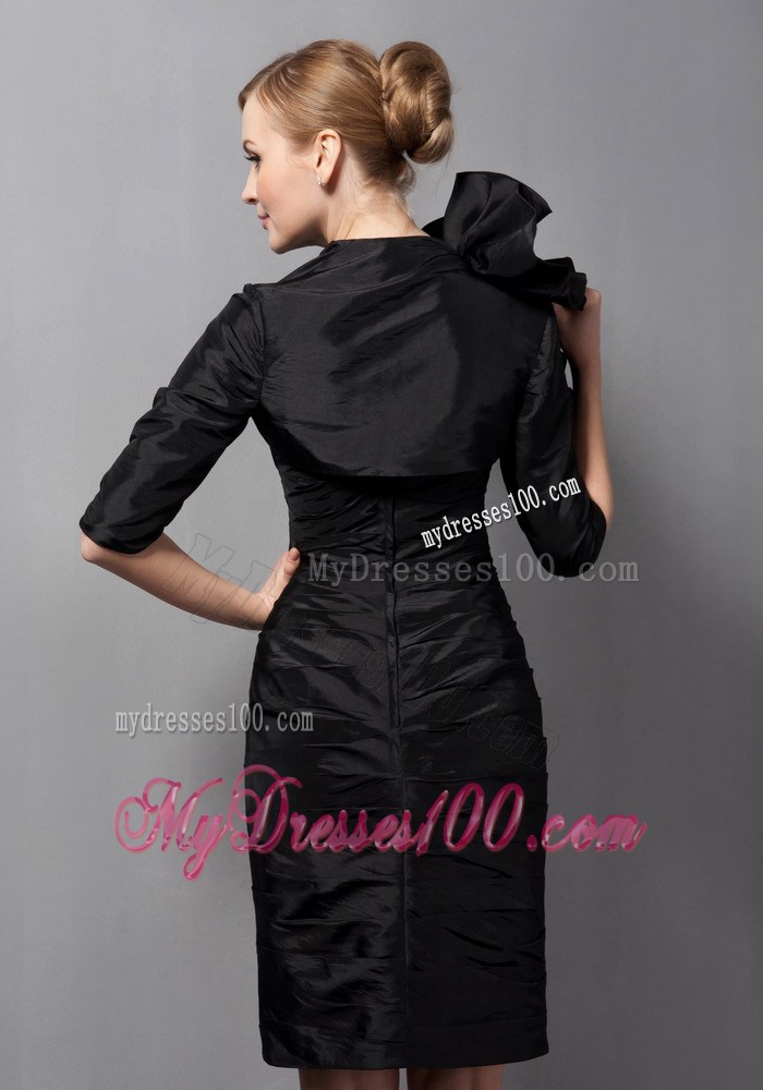 Black Column Wide Straps Mini-length Ruching Flower Mother of the Bride Dress