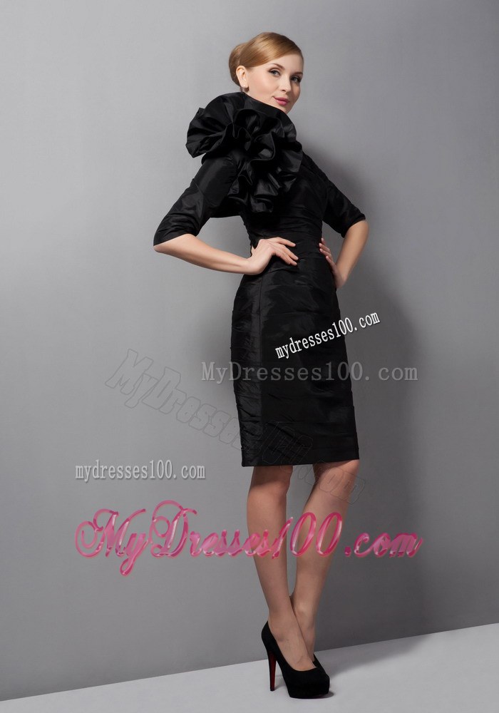 Black Column Wide Straps Mini-length Ruching Flower Mother of the Bride Dress