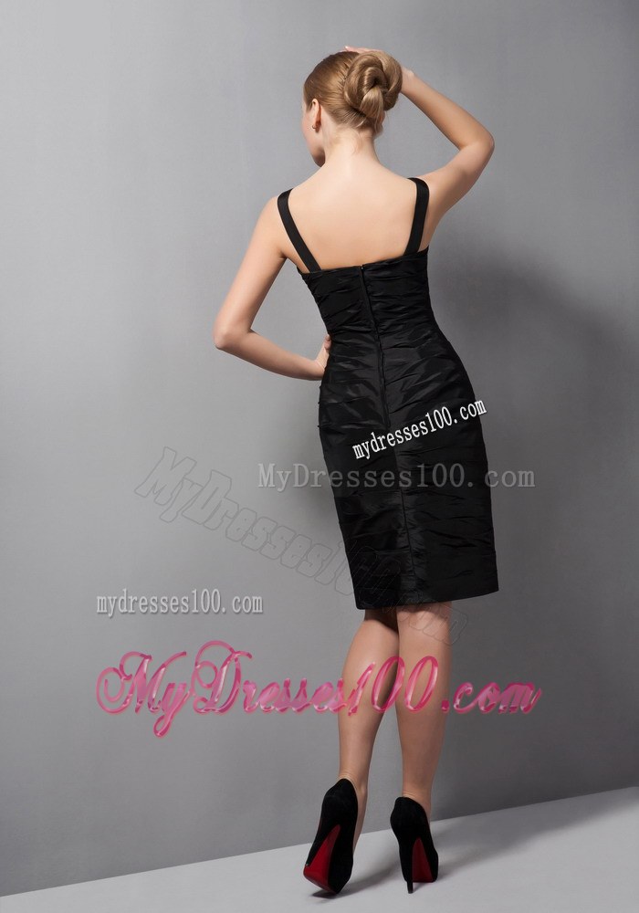 Black Column Wide Straps Mini-length Ruching Flower Mother of the Bride Dress