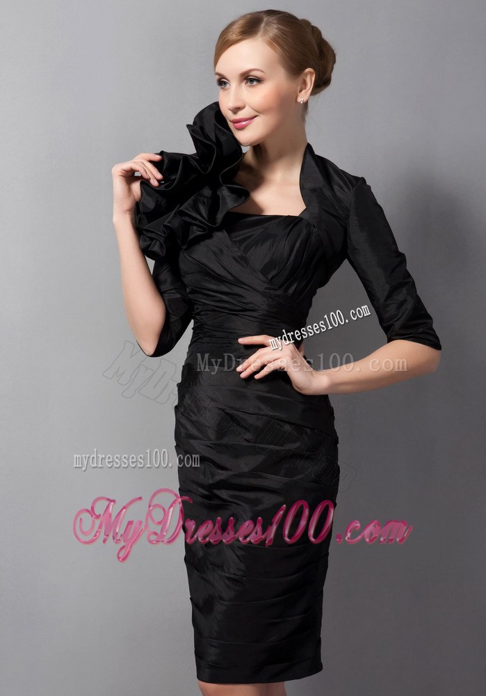 Black Column Wide Straps Mini-length Ruching Flower Mother of the Bride Dress